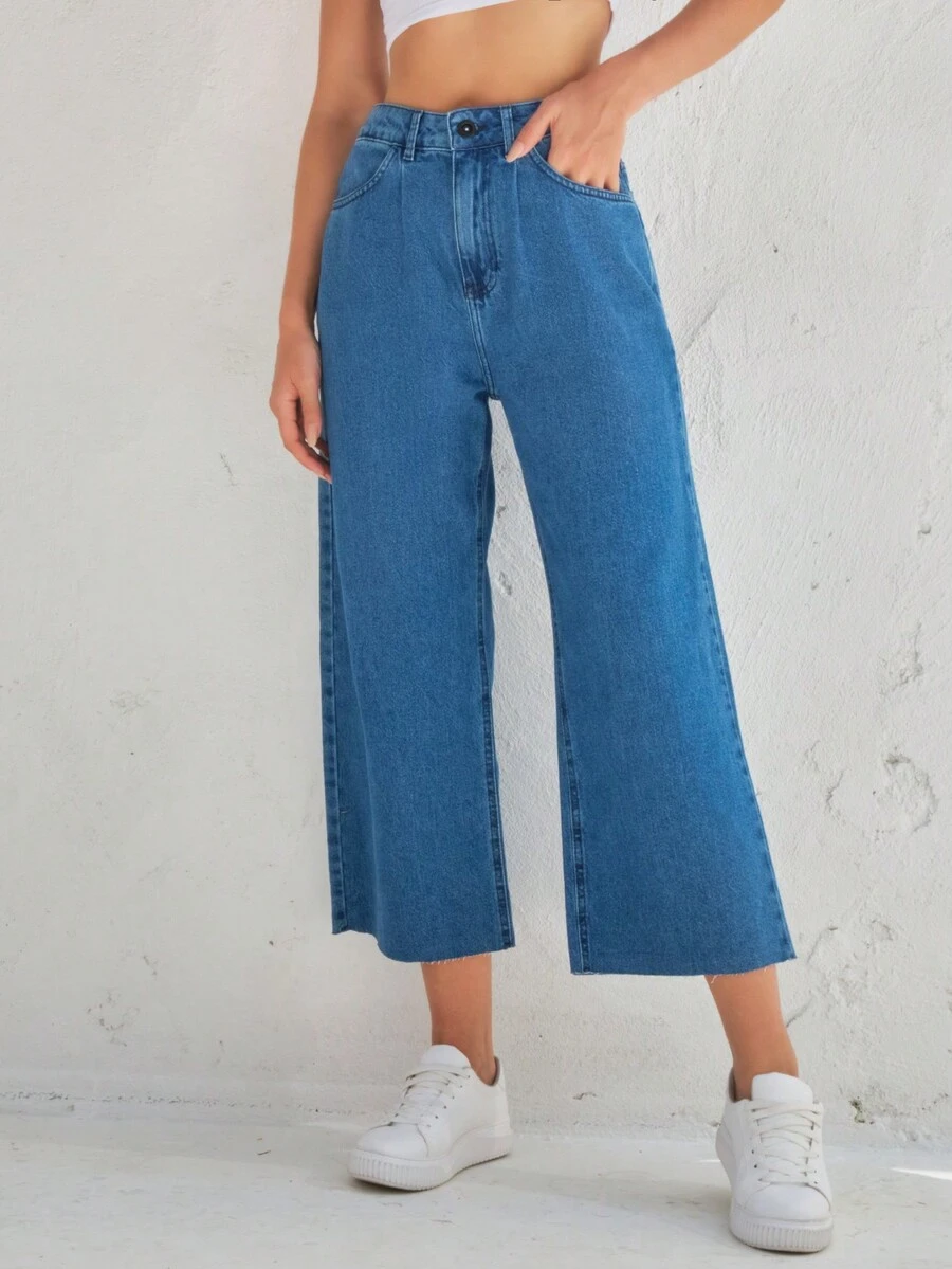 女性皺摺寬鬆牛仔膝蓋褲 - 中等水洗藍 - 查看 1