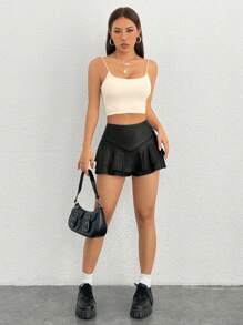SHEIN PETITE Women's Solid Colored Cropped Cami Top With Spaghetti Straps - Apricot - View 7