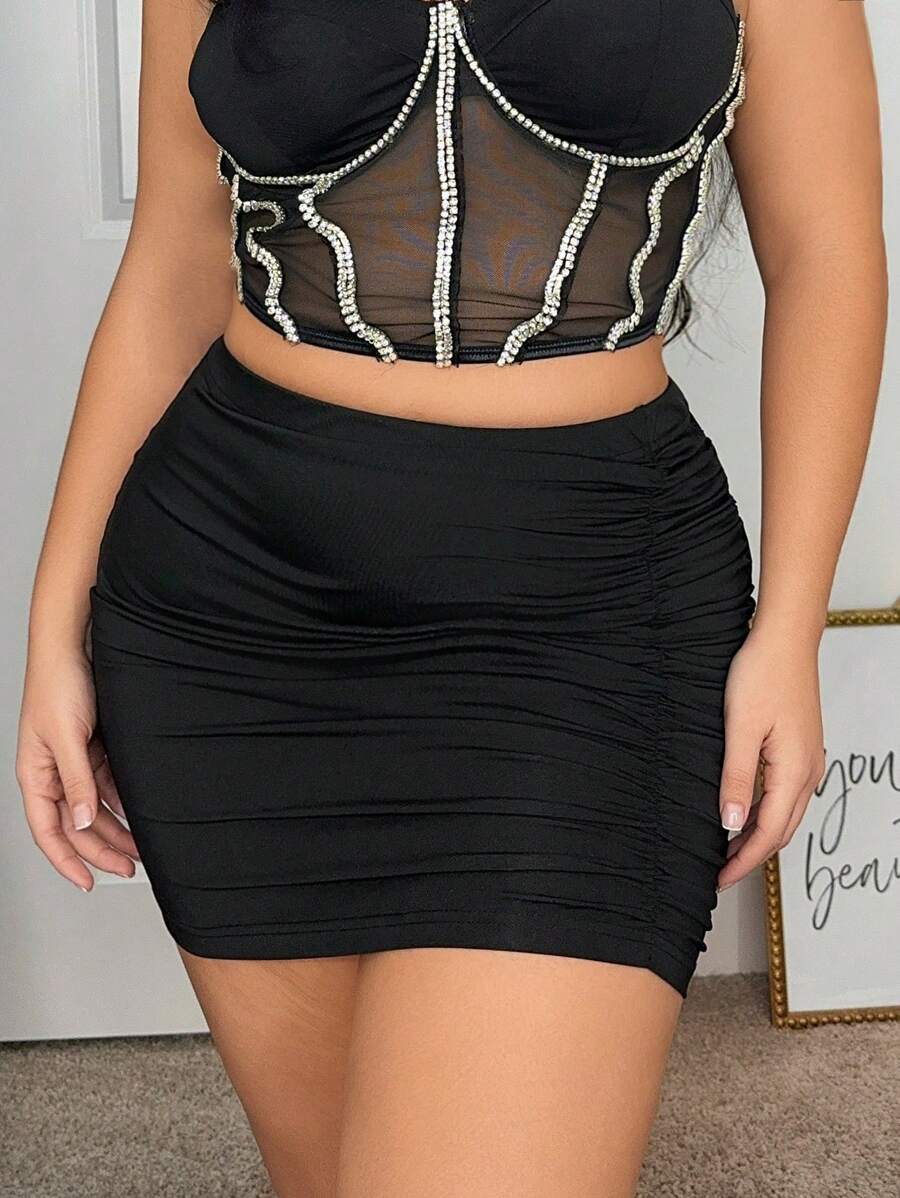 SHEIN SXY Kích thước lớn Của phụ nữ Chặt Bên Xù Gợi cảm Váy mini Với Xếp - màu đen - Xem 1