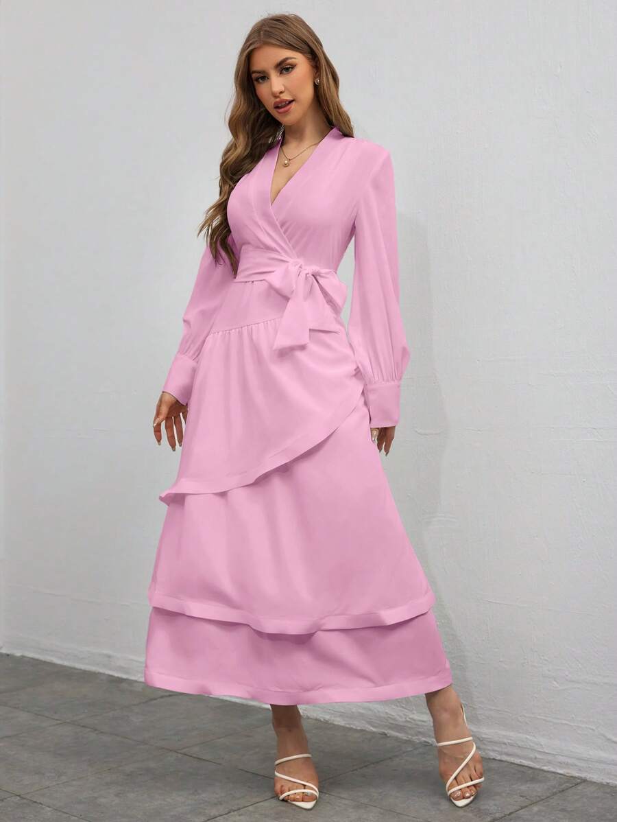 SHEIN Privé 情人節多層荷葉邊裹身洋裝 - 藕粉色 - 查看 1