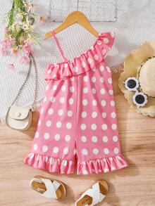 SHEIN Bộ áo liền quần xếp nếp in họa tiết chấm bi cho cô gái trẻ với thiết kế trễ vai - Hồng - Xem 2