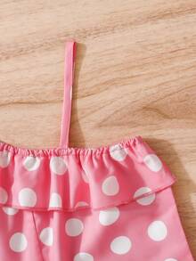 SHEIN Bộ áo liền quần xếp nếp in họa tiết chấm bi cho cô gái trẻ với thiết kế trễ vai - Hồng - Xem 6