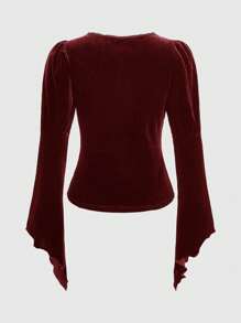 ROMWE Hippie Butterfly Patched Flare Sleeve Tee - Burgundy - View 2