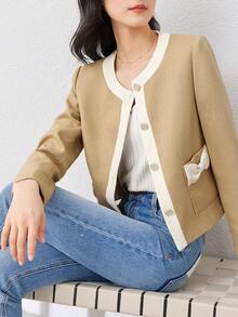 1 件女式春季优雅百搭短夹克，配色块和时尚蝴蝶结装饰 - 黃色 - 查看 4