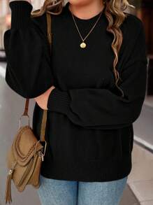 SHEIN LUNE 加码落肩口袋拼接毛衣，适合冬季和秋季穿着的针织套头衫 - 黑色 - 查看 5