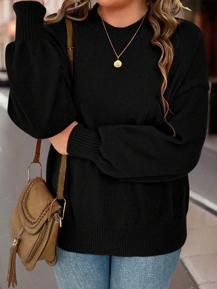 Plus Drop Shoulder Pocket Patched Sweater, For Winter Knit Pullover Fall Autumn