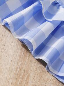 SHEIN Young Girl Countryside Style Blue & White Plaid Ruffled Strap Top With Shorts 2pcs Set Suitable For Summer - Multicolor - View 6