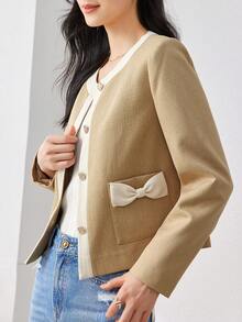 1 件女式春季优雅百搭短夹克，配色块和时尚蝴蝶结装饰 - 黃色 - 查看 6