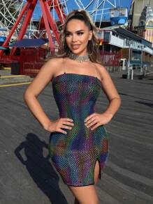 SHEIN SXY 彩色吊带开衩紧身连衣裙 音乐节 西方服饰 女士节日服装 夜光霓虹连衣裙 - 黑色 - 查看 4