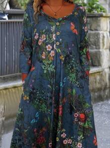 EMERY ROSE Plus Size Floral Print Half Button Front Sheath Dress - Multicolor - View 3