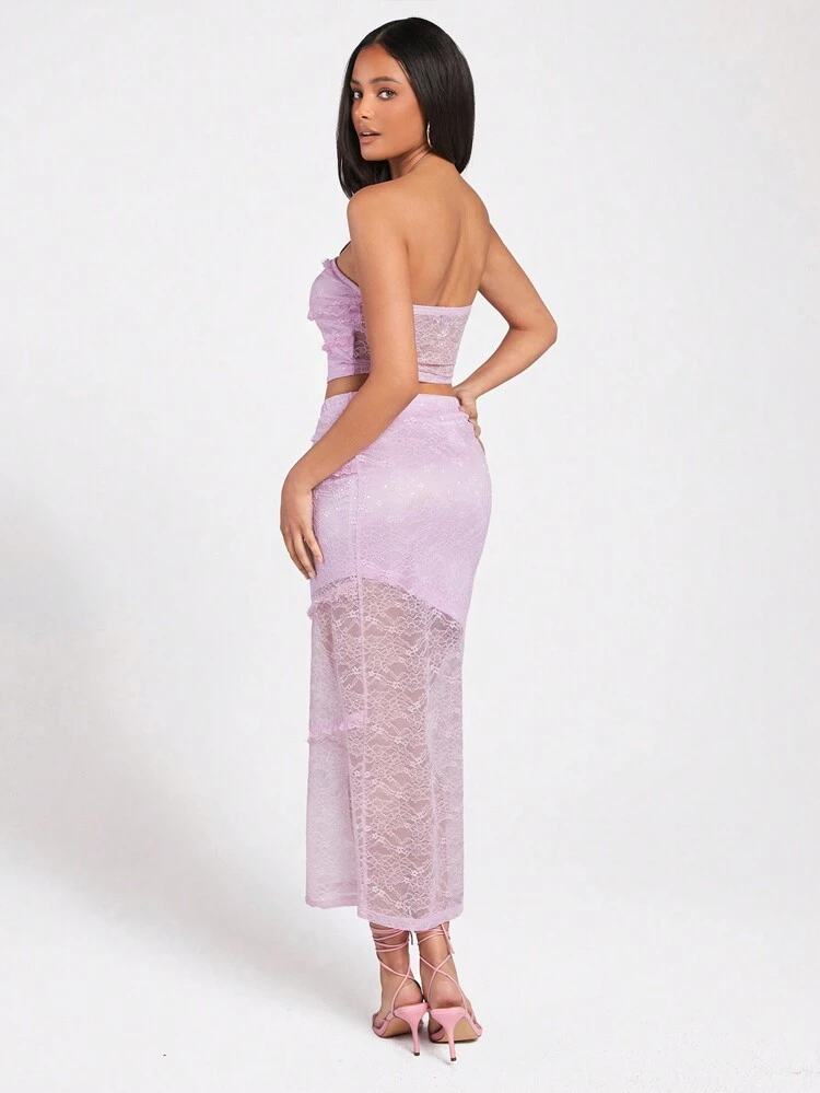 Solid Color Lace Strapless Top And A-Line Skirt