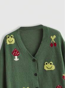 ROMWE Fairycore Plus Mushroom & Frog Pattern Cardigan - Army Green - View 4