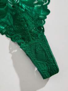 Set de lencería con encaje floral con aro con liga con 1 par Anillo de pierna - Verde Oscuro - Ver 3