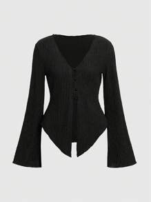 ROMWE Hippie Textured Button Front Top - Black - View 5