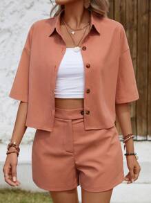 Chiquease Solid Drop Shoulder Shirt & Shorts - Redwood - View 5