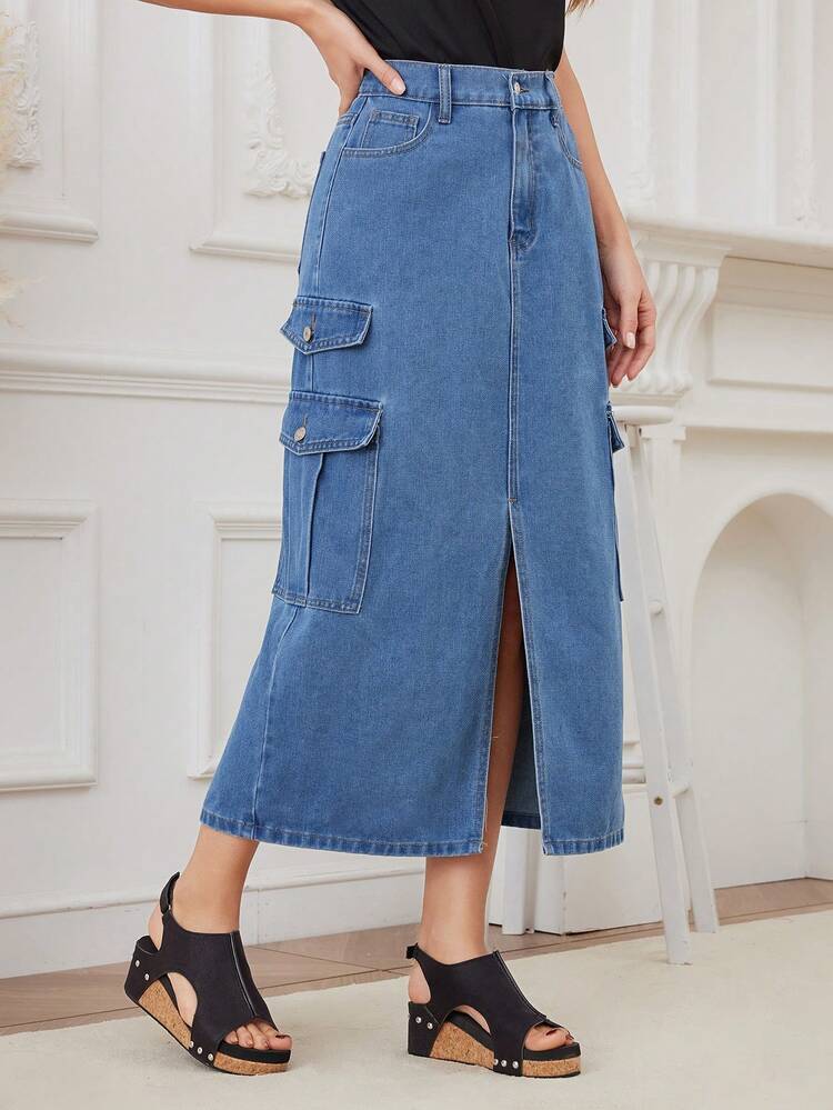 Summer Casual Flap Pocket Slit Front Denim Skirt