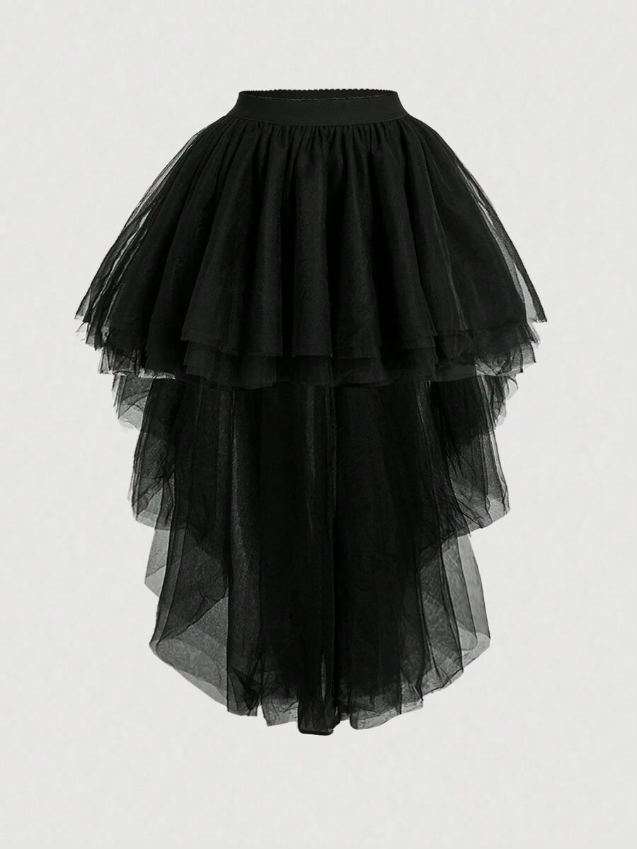 SHEIN MOD 大尺碼女士網紗高低不等裙 - 黑色 - 查看 1