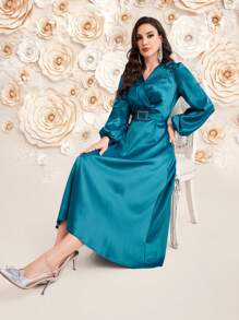 Modelyn Women's Embossed Rhinestone 3d Flower Decorated Lantern Sleeve Wrap Dress