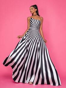 High-End Black & White Striped Sleeveless Formal Evening Dress Elegant Prom Wedding Guest Gown, For Graduation, Dinner - Black and White - View 4