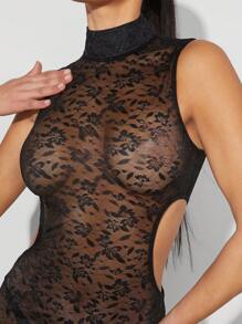 Hauture Vestido de Renda Transparente com Gola Padre e Cintura Vazada para Mulheres - Preto - Visão 3