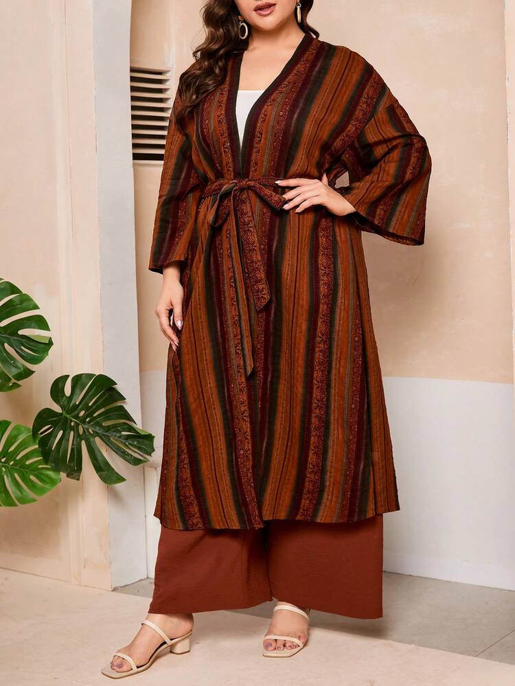 Plus Size Women's Striped Drop Shoulder Open Front Coat And Pants Set