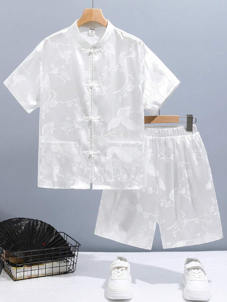 SHEIN Tween Boys' Loose Fit Casual Stand Collar Jacquard Shirt And Shorts Set, Hanfu Style - Green - View 1