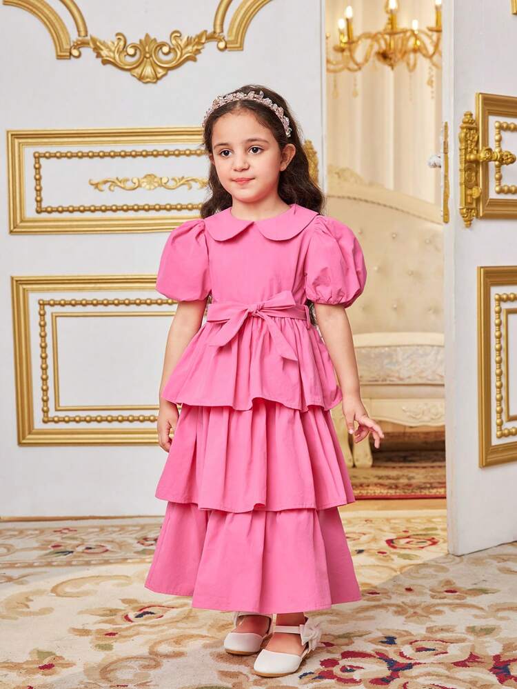Young Girl Gorgeous Peter Pan Collar Short Sleeve Puff Sleeve Multi-Layer Ruffled Trim Dress