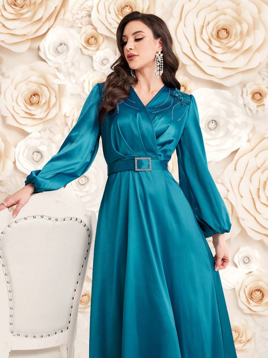 Modelyn Women's Embossed Rhinestone 3d Flower Decorated Lantern Sleeve Wrap Dress