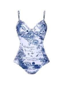 Swim Oasis Kích thước lớn Của phụ nữ In thực vật Áo tắm một mảnh Với Dây đai mỏng , 2 cái/bộ - Xanh và trắng - Xem 3