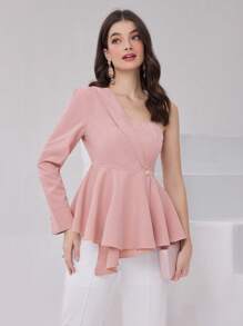 Modelyn 女士純色不對稱領扣鈕開衫,配鬆緊束腰設計 - 粉色 - 查看 6