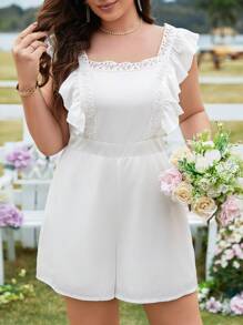 SHEIN Clasi Monos De Talla Grande En unicolor, Cuello Cuadrado Con Encaje Y Adornado Con Volantes - Blanco - Ver 1