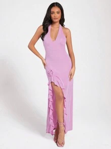 Forever 21 女士長款露背連身裙, 葉克蕾領,側縫,荷葉邊和開放式背部設計 - 粉色 - 查看 4