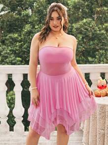 Dreamara Plus Size Mesh Fabric Asymmetrical Lace Hem Strapless Dress,Cerise Pink,Summer,Cute,Holiday Women Outfits For Music Festival,Wedding Guest & Vacation - Pink - View 6