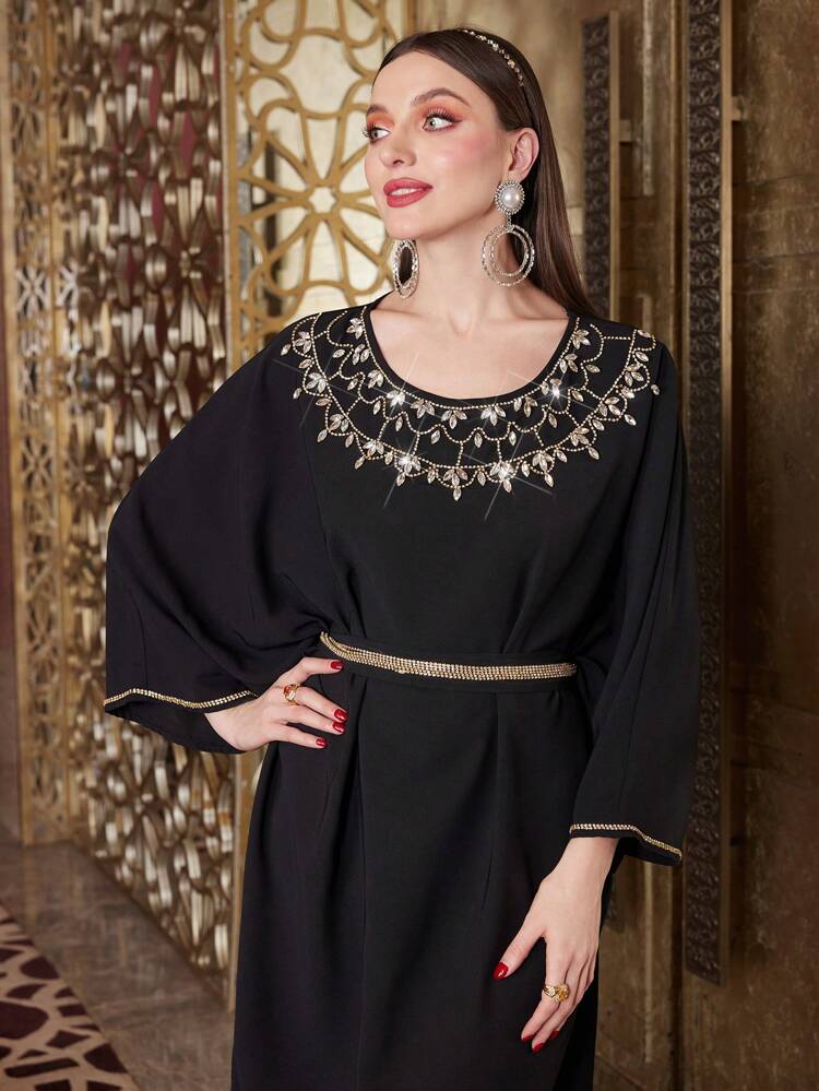 Turkish Style Caftan Dress With Batwing Sleeves And Rhinestone Decoration, Elegant Luxury Evening Party Style Kaftan Jalabiya Dress