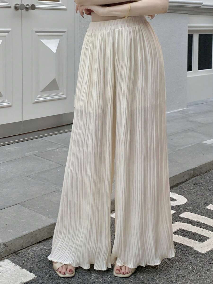 DAZY Quần xếp ly lưng thun co giãn màu trơn cho nữ, Quần giáo viên - Màu be - Xem 1