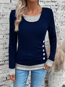 EMERY ROSE 撞色纽扣细节修身长袖T恤印花女式上衣春季款 - 藏蓝色 - 查看 3