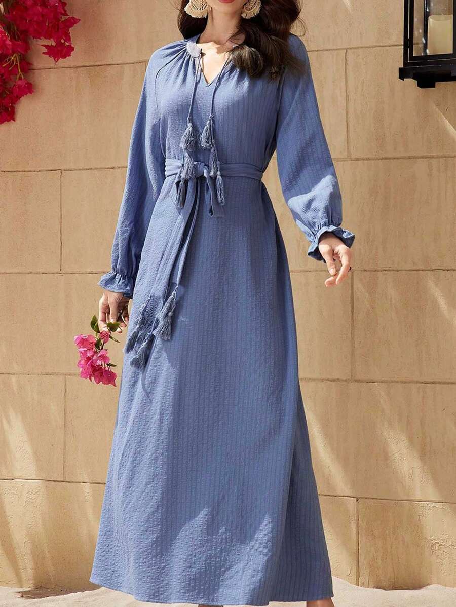 Seusyu Women's Ruffle Sleeve Fringed Self Tie Belted Arabian Dress - Blue - View 1