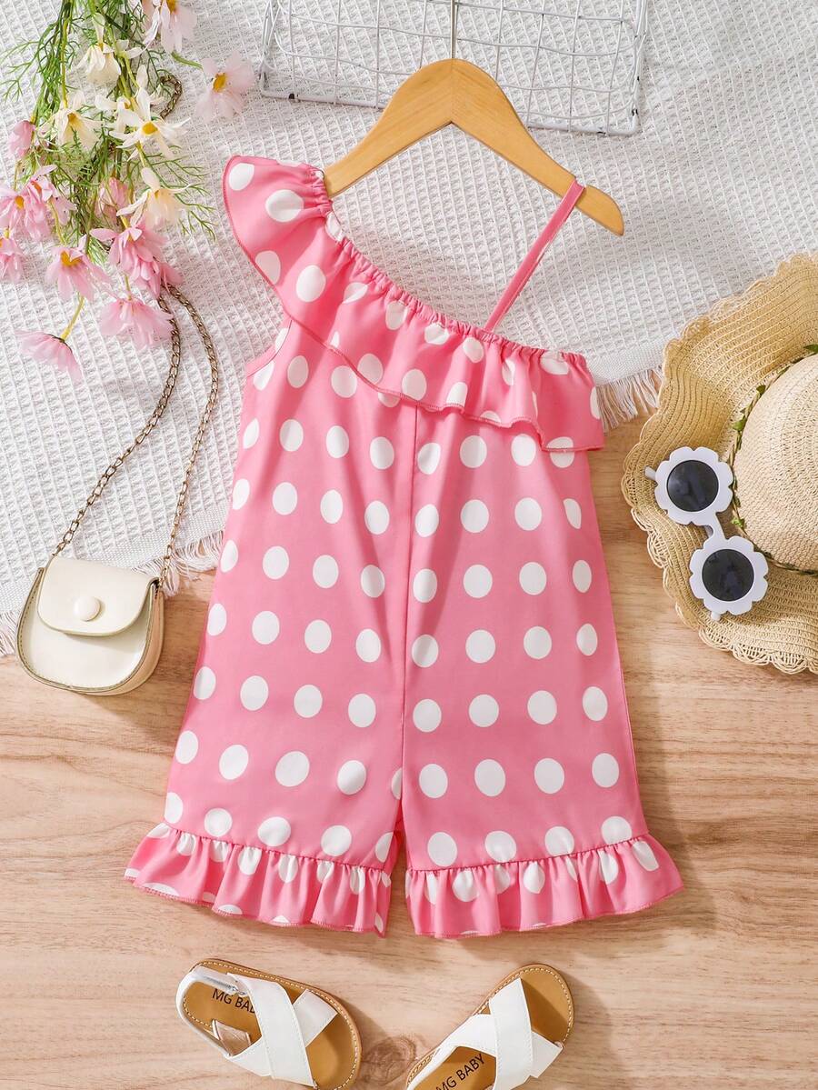 SHEIN Bộ áo liền quần xếp nếp in họa tiết chấm bi cho cô gái trẻ với thiết kế trễ vai - Hồng - Xem 1