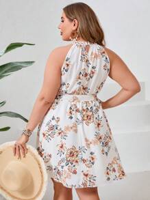 SHEIN VCAY Plus Size Summer Holiday Floral Print Halter Neckline Dress With Lace Trim - Multicolor - View 2