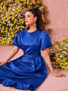 Modelyn 女式纯色泡泡袖连衣裙，带荷叶边下摆，长款晚礼服 - 寶藍色 - 查看 6