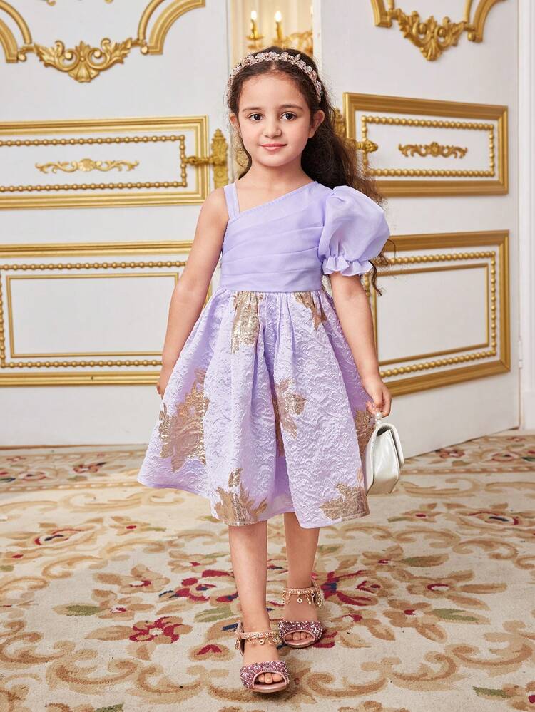 Young Girl's Cute Oblique-Shoulder Puff Sleeve A-Line Midi Dress