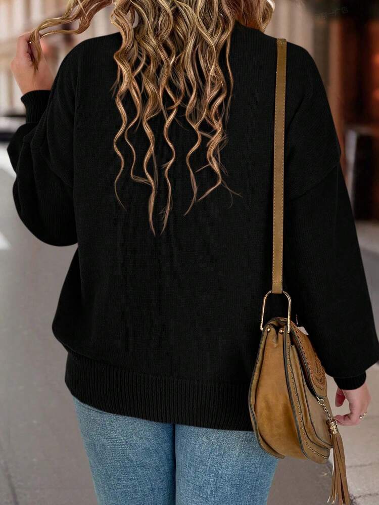 Plus Drop Shoulder Pocket Patched Sweater, For Winter Knit Pullover Fall Autumn