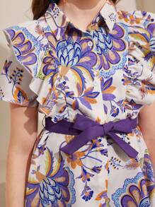 SHEIN Leap Crew Tween Girl 2pcs/Set Floral Print Shirt With Ruffle Collar And Asymmetrical Hemline Matched With Pants - Purple - View 6