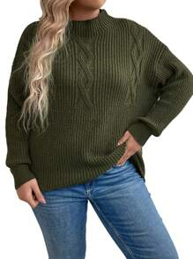SHEIN LUNE Plus Size Solid Color Long Sleeve Pullover Sweater Knit Pullover Fall Winter - Army Green - View 3