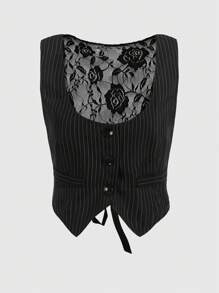 ROMWE Grunge Punk Striped Contrast Lace Vest Jacket - Black - View 1