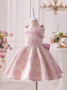 SHEIN Young Girl Dreamy Princess Style Jacquard Weave Dress Adorned With Bow-Knot Shoulder Straps - Multicolor - View 4