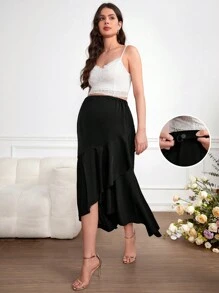SHEIN 孕婦不對稱荷葉邊裙 - 黑色 - 查看 2