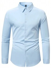 Manfinity Mode Men's Solid Color Long Sleeve Shirt With Embroidered Cuffs - Baby Blue - View 4