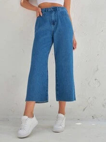 女性皺摺寬鬆牛仔膝蓋褲 - 中等水洗藍 - 查看 4