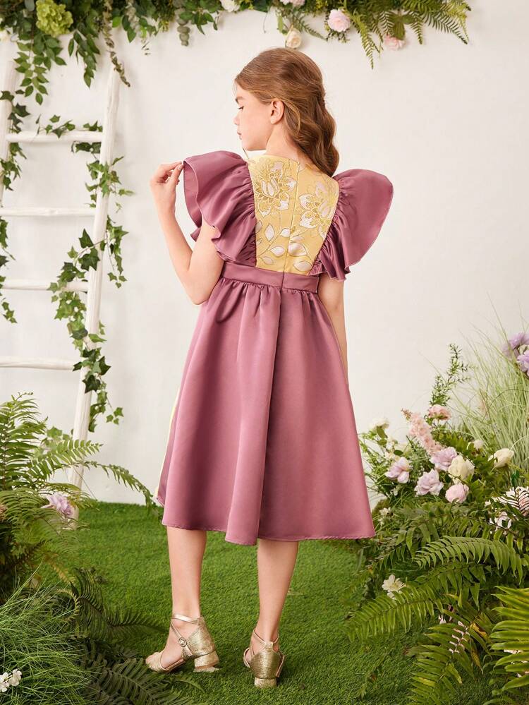 Tween Girl's Woven Jacquard Contrast Color Patchwork Ruffle-Hem Dress With Elastic Waist